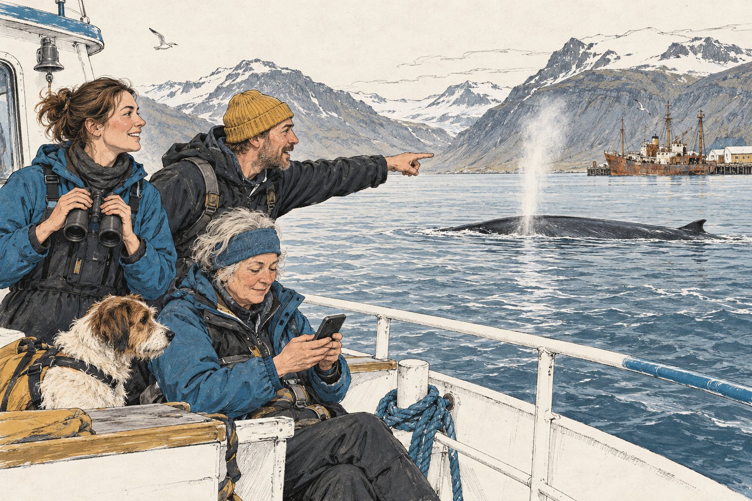 Walvisspotters op een boot in een IJslandse fjord kijken naar een vinvis, op de kade ligt een oud walvisschip
